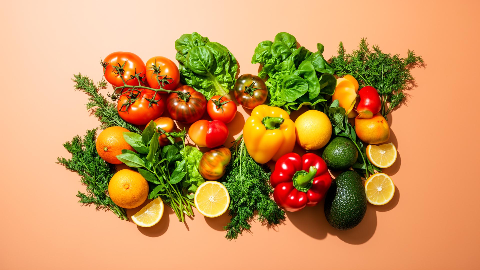 Fresh fruit and vegetables arranged on a peach background