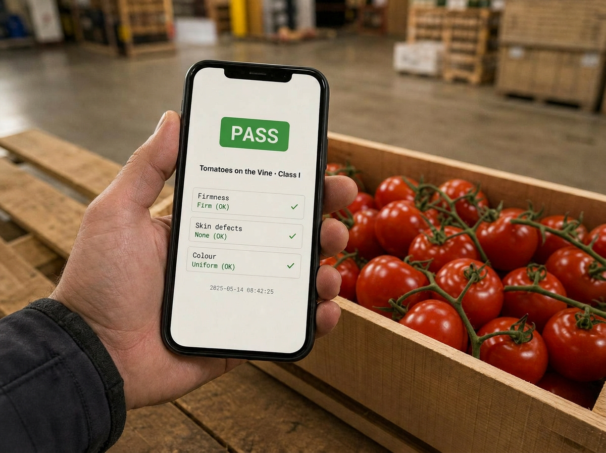 Same phone over the tomato crate showing a PASS verdict card with firmness, skin defects, and colour all OK